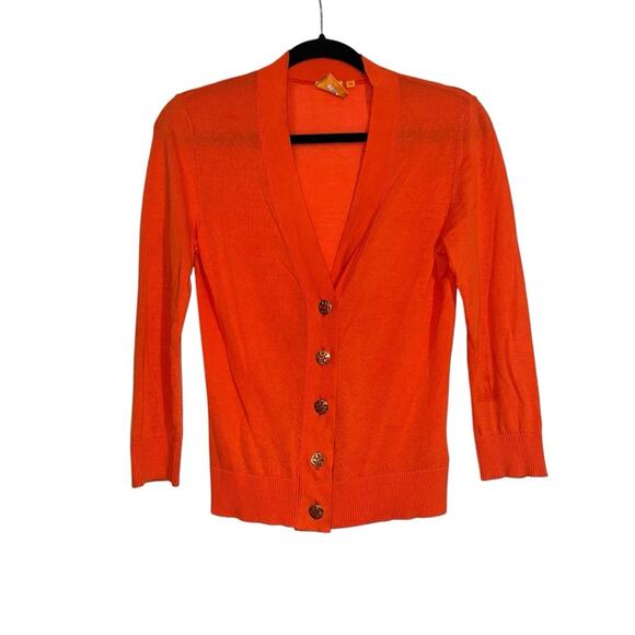 Tory Burch Shrunken Simone Orange 3/4 Sleeve Gold Logo Button Cardigan - Picture 2 of 8